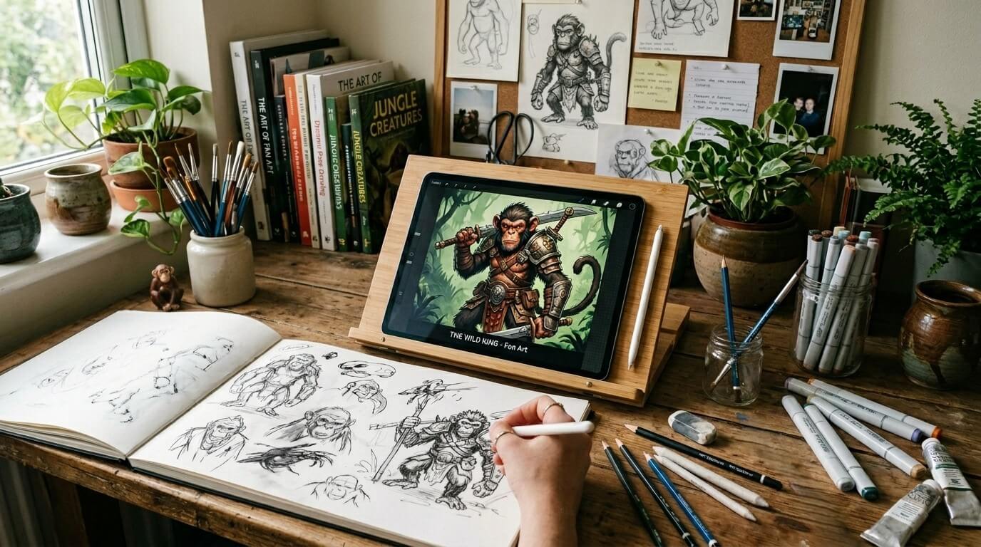 Artist sketching warrior monkey character in a sketchbook with digital reference on tablet titled "THE WILD KING - Fon Art"
