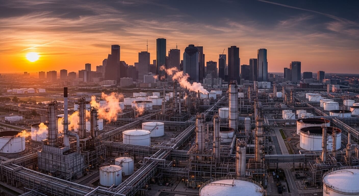 Oil refinery with storage tanks and smokestacks emitting steam, Houston skyline at sunset in the background.