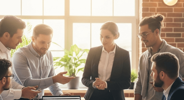 Group of six professionals discussing work around a laptop in a bright office with large windows and plants.