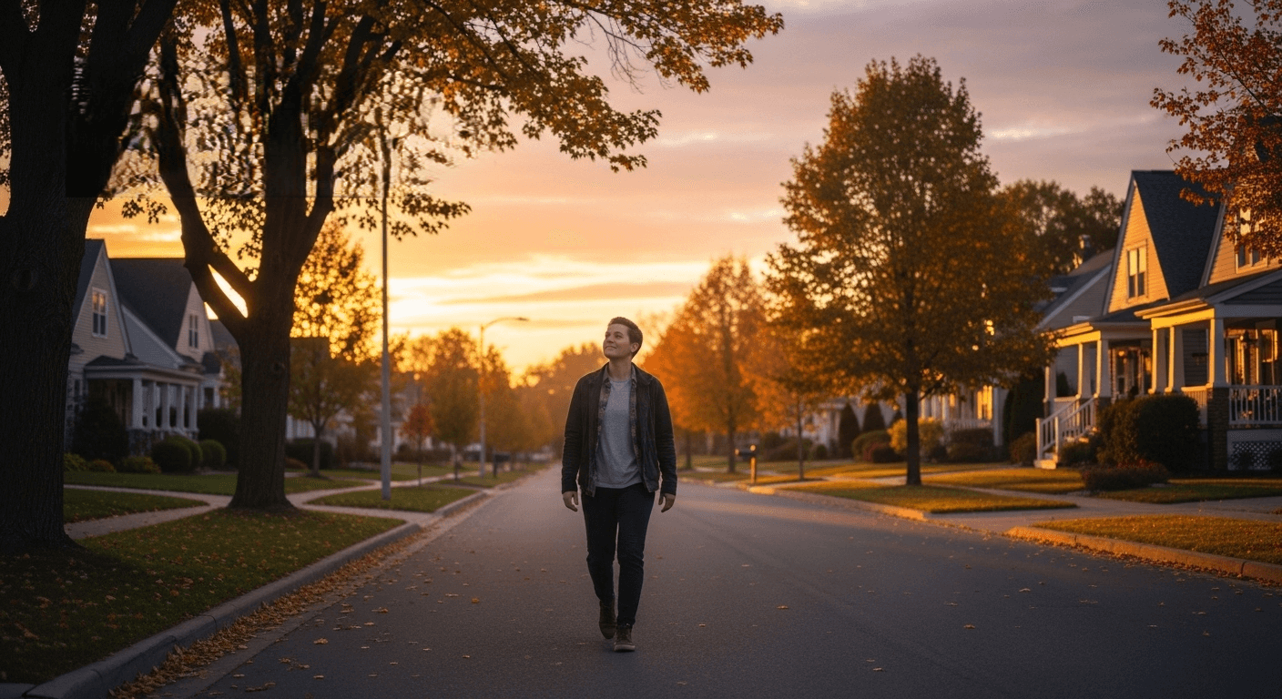Person walking on a suburban street at sunset with autumn trees and houses lining the road