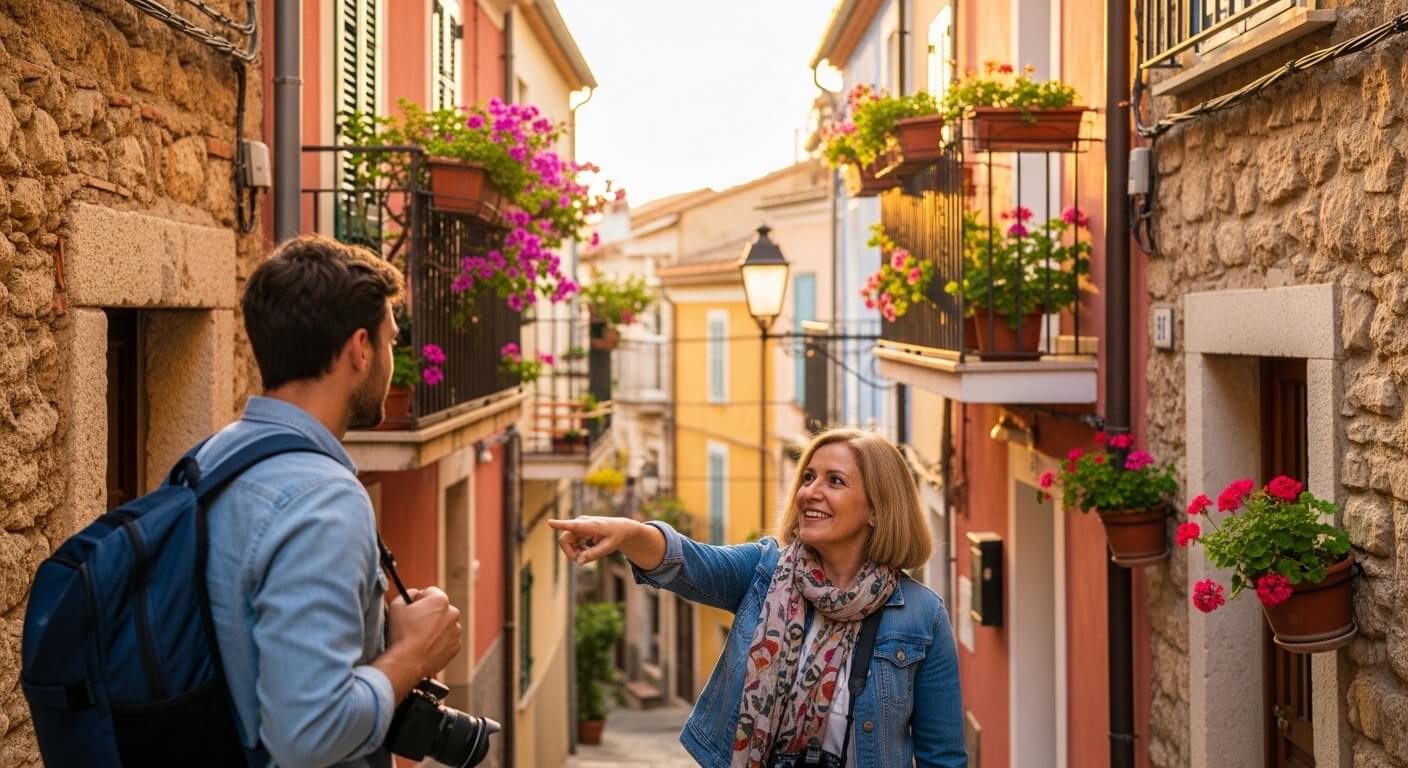 Woman in denim jacket pointing while talking to man with backpack and camera in a flower-adorned narrow street