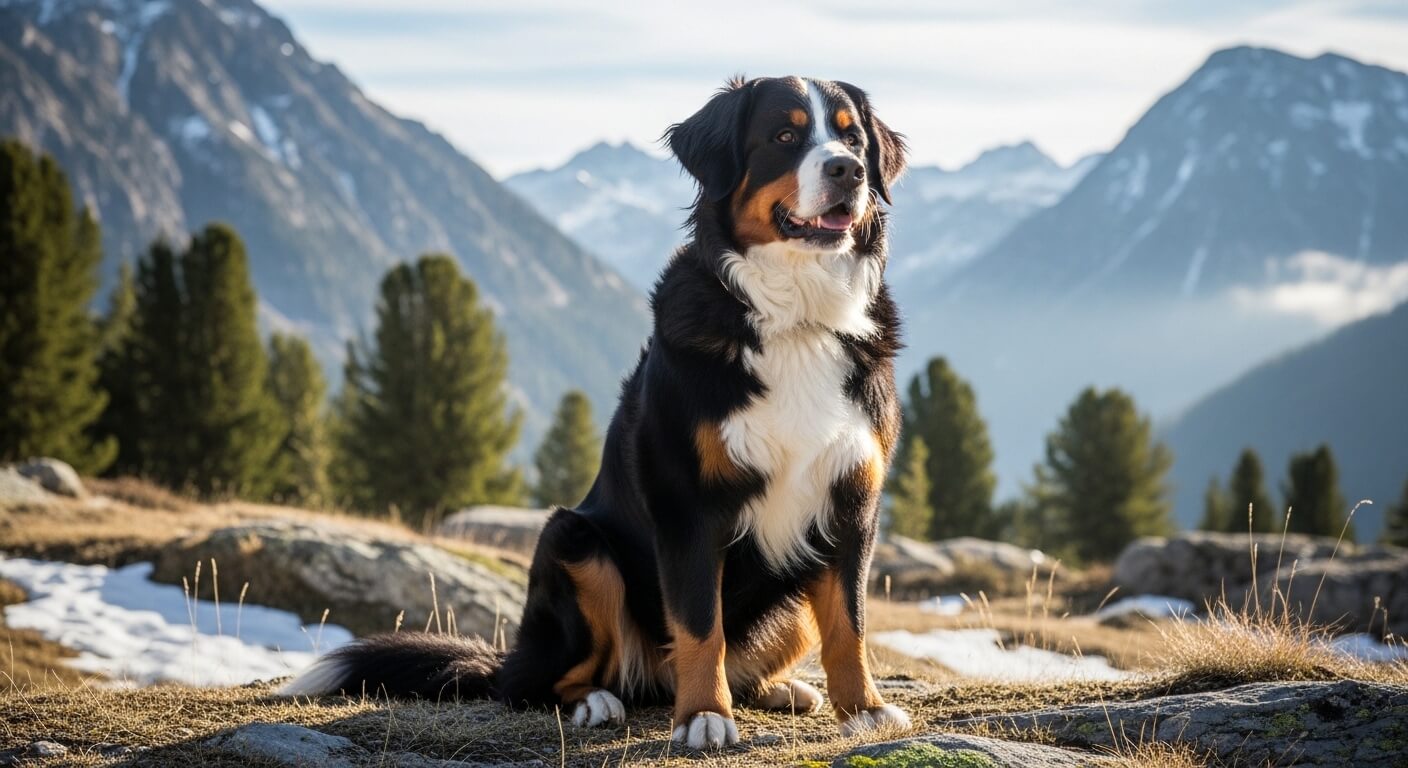 Bernese Mountain Dog sitting on rocky ground with snow patches and pine trees in a mountainous landscape.