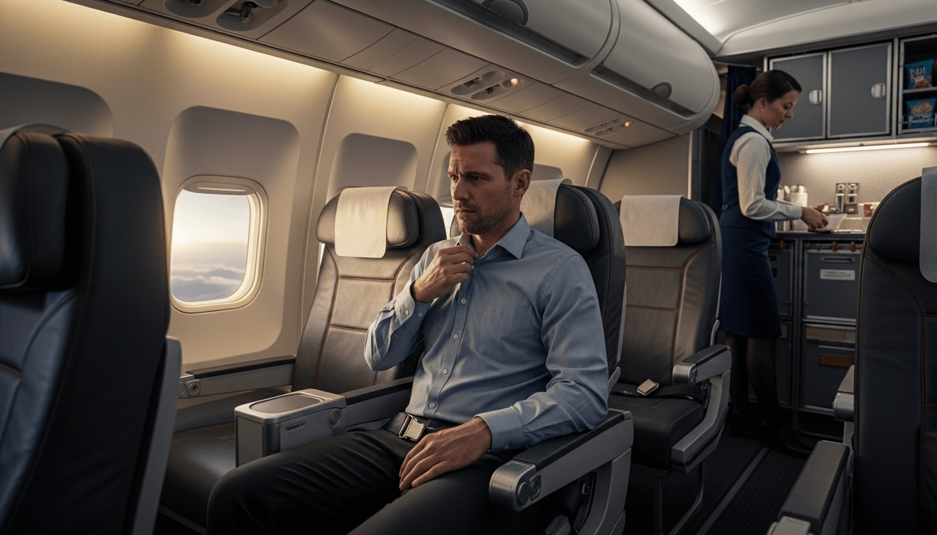 Man adjusting collar while seated in airplane business class cabin with flight attendant in background