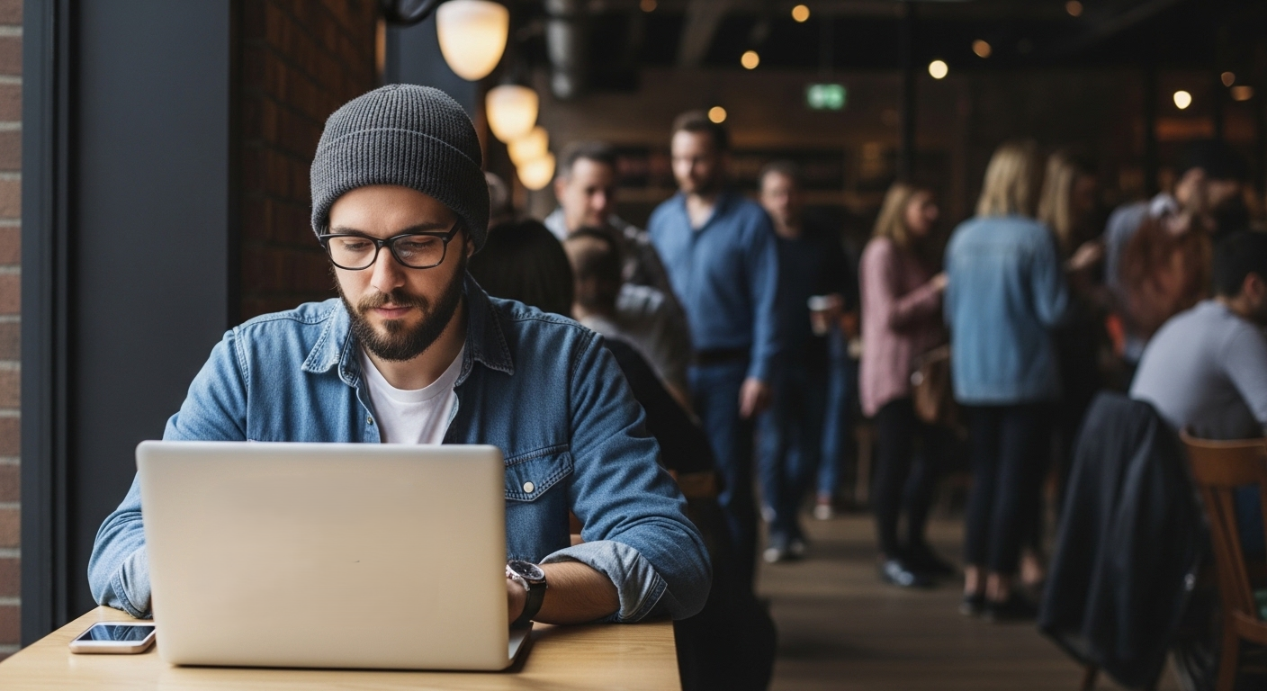 Man wearing glasses and a beanie working on a laptop in a busy coffee shop.