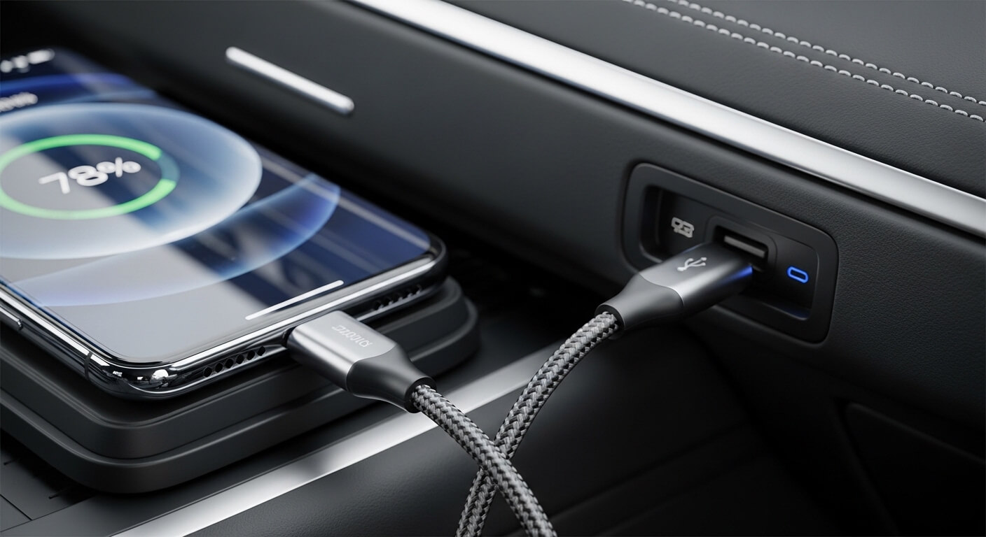 Smartphone charging at 78% on wireless pad connected to USB port in a car interior with braided charging cable.