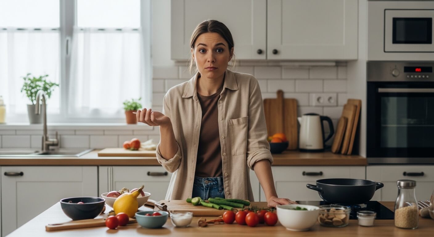 Woman shrugging in kitchen with fresh vegetables and cooking utensils on the counter