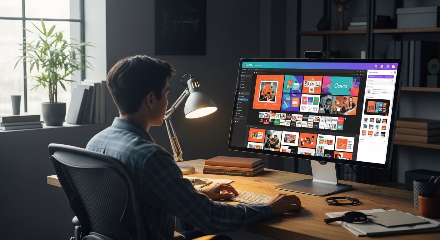 Person working on graphic design projects using Canva on a desktop computer in a modern office.