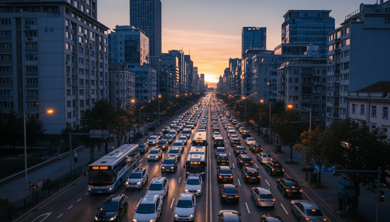 Evening traffic jam on a multi-lane city street lined with tall buildings and buses at sunset.