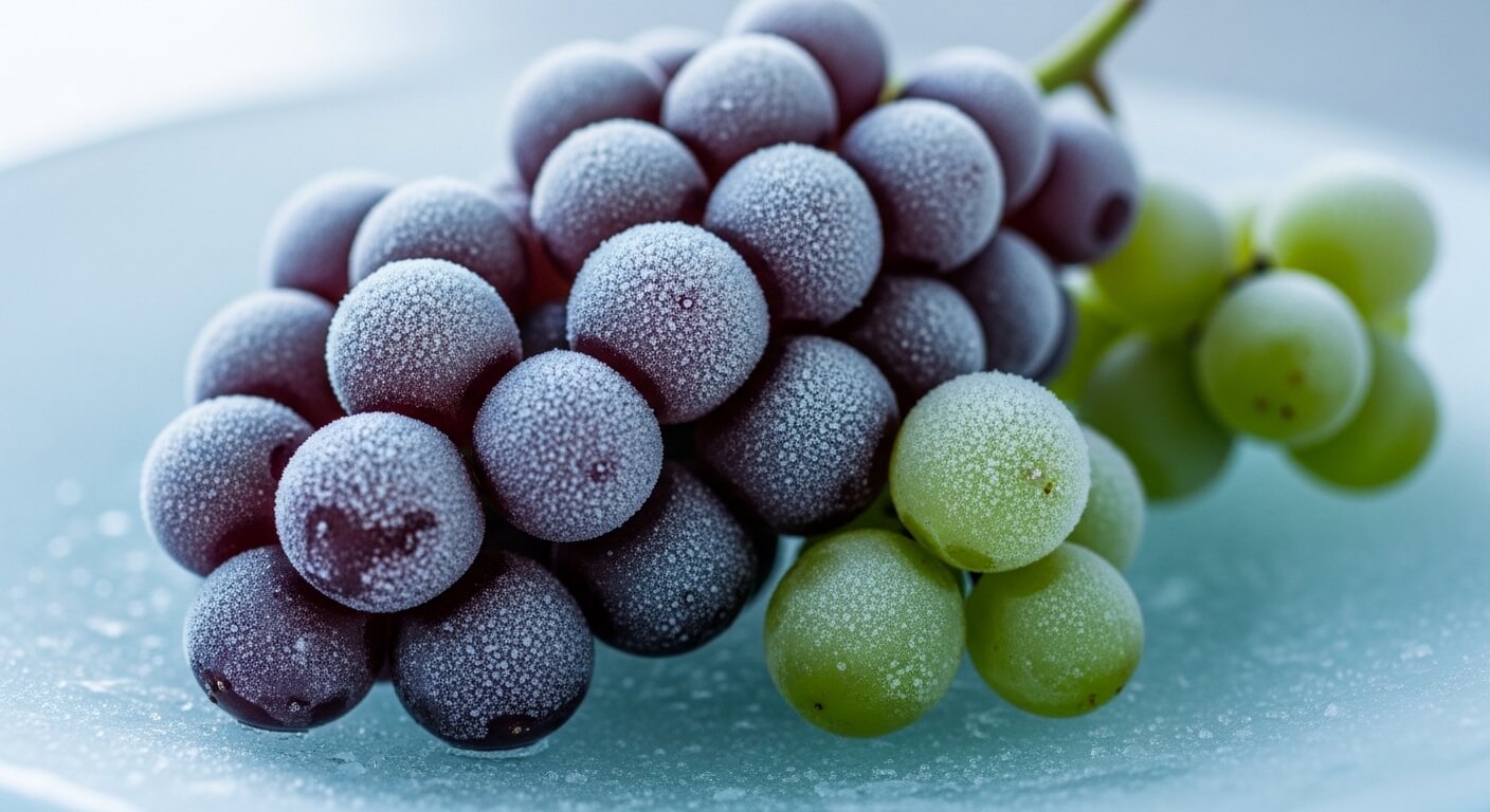Frost-covered purple and green grapes on a light blue surface.