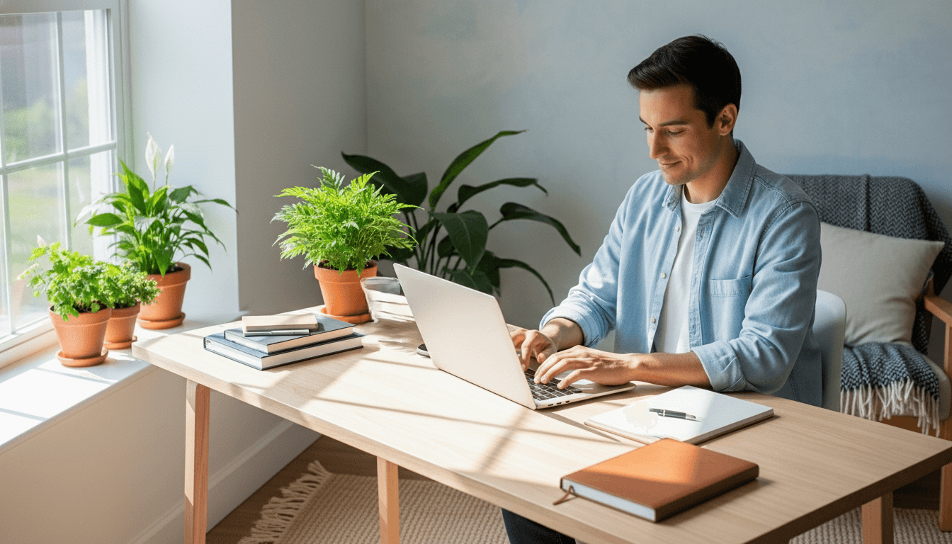 Man in denim shirt working on laptop at desk with potted plants and notebooks near window in bright room