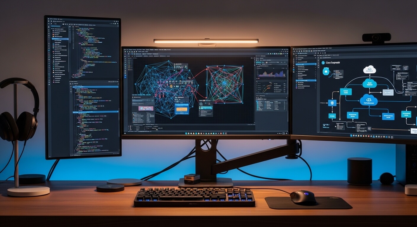 Triple monitor computer setup displaying code, network graphs, and flowcharts on a wooden desk with keyboard and mouse.