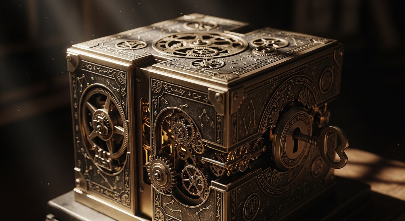 Intricately designed steampunk-style metal puzzle box with visible gears and a heart-shaped key inserted in the lock.