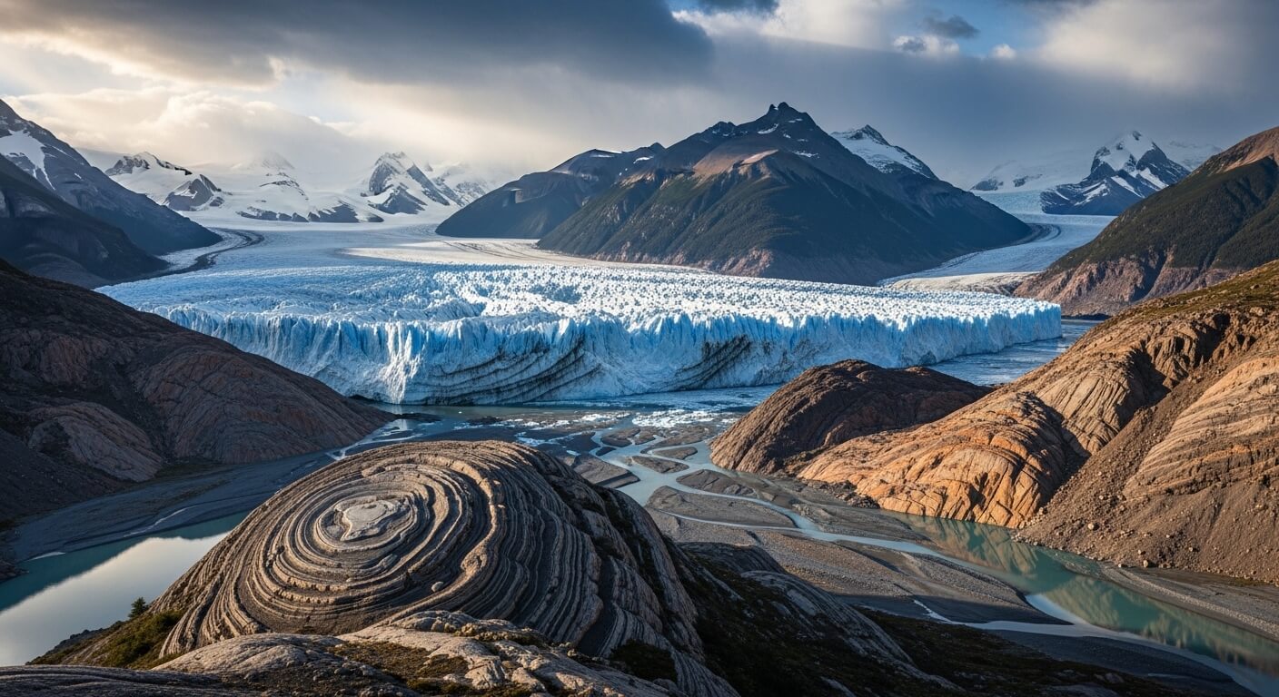 Perito Moreno Glacier with surrounding mountains and patterned rock formations in Patagonia, Argentina.