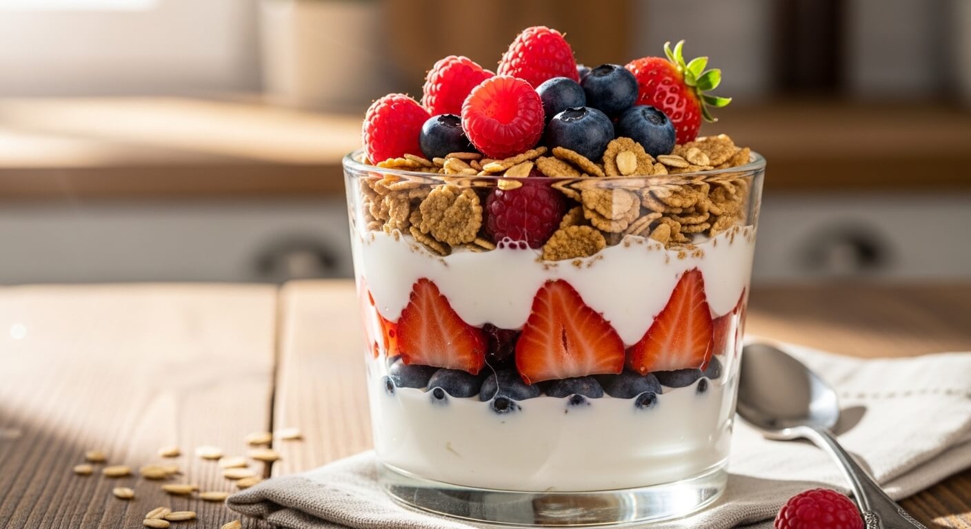 Glass of layered yogurt parfait with strawberries, blueberries, raspberries, and granola on a wooden table with spoon.