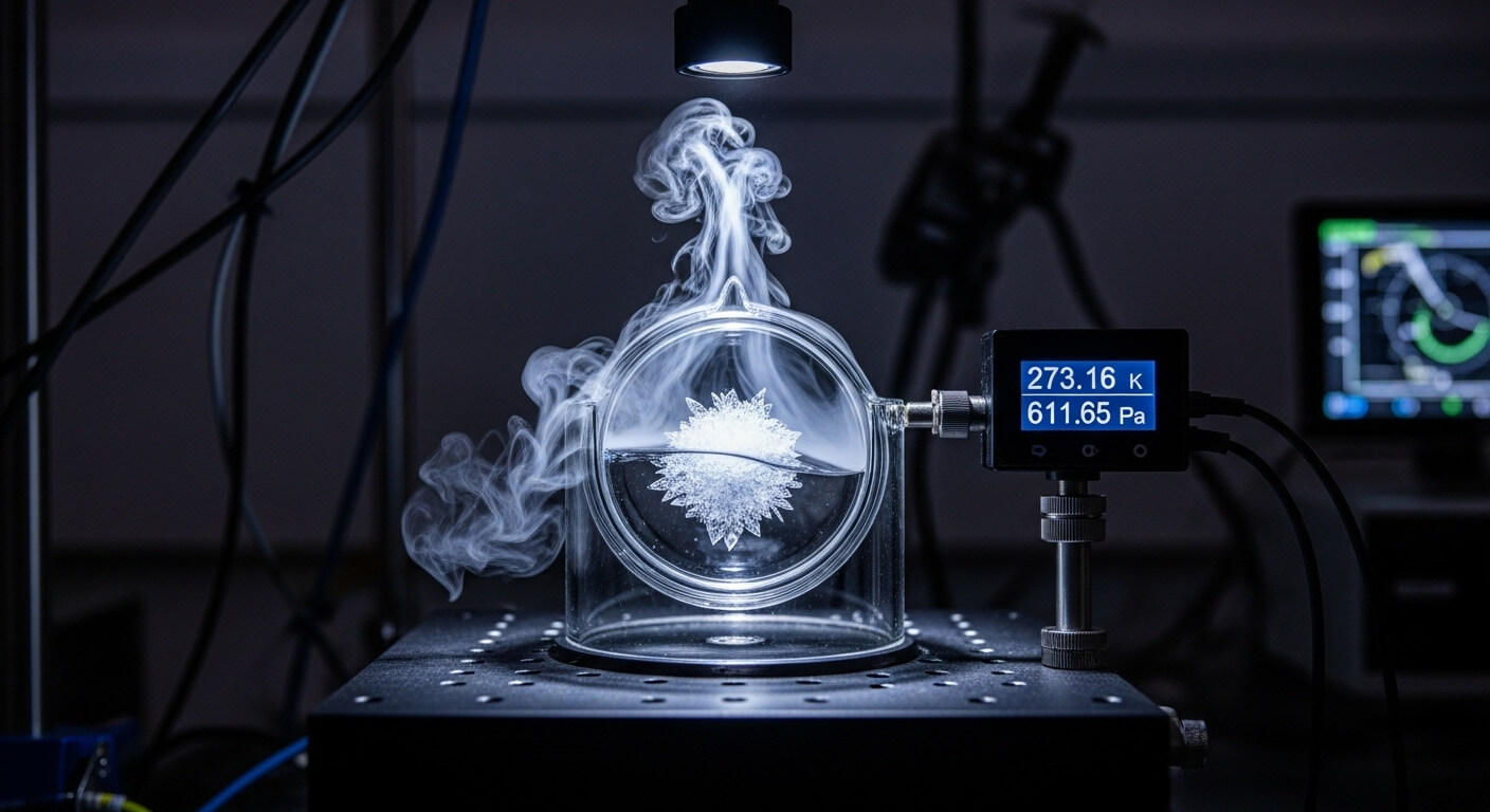 Vacuum chamber with frost forming inside and digital display showing temperature and pressure readings.
