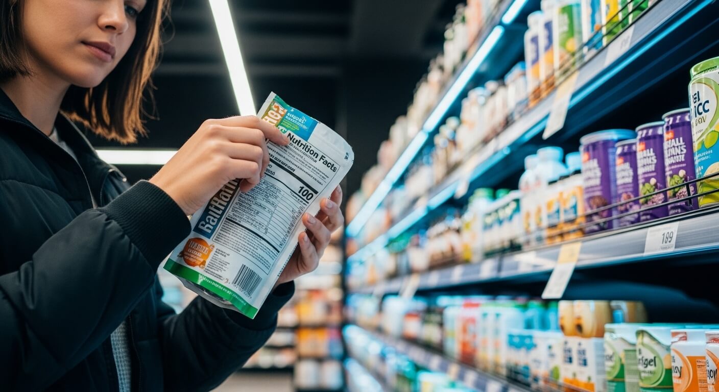 Person reading nutrition facts on a bag of Ralff Foods product in a grocery store aisle