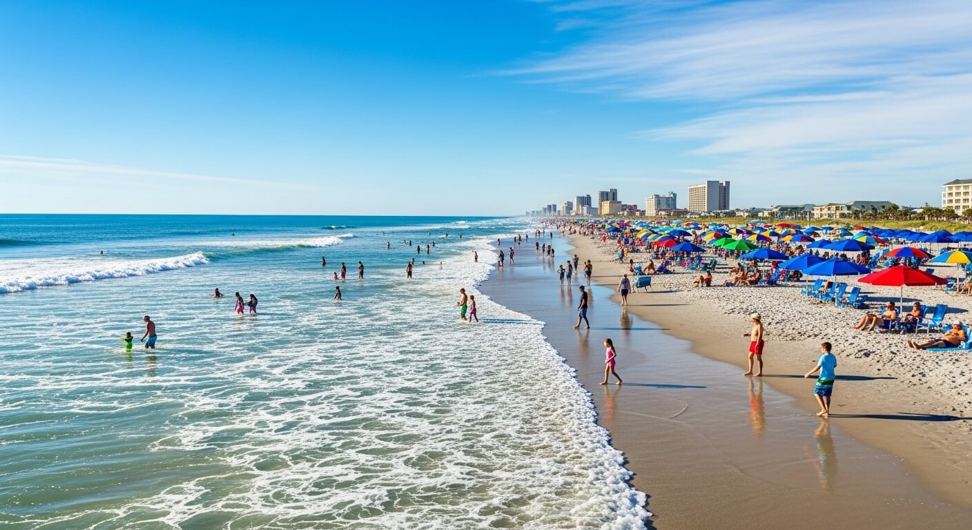 Crowded beach with people swimming and walking near colorful umbrellas and high-rise buildings in the background