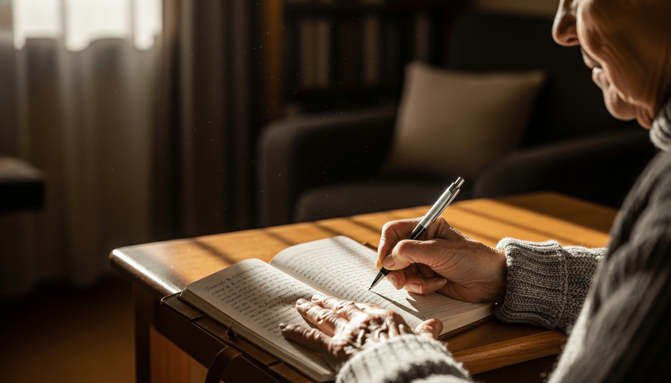 Elderly person writing in a notebook at a wooden table in warm natural light