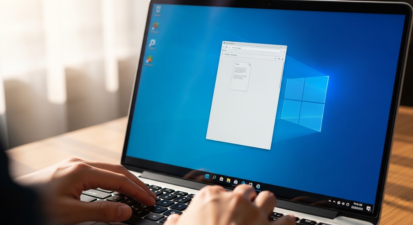 Hands typing on a laptop running Windows 10 with a document open on the screen.