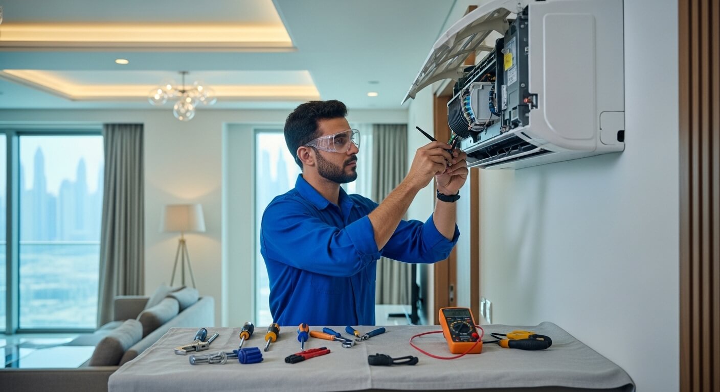 Technician in blue uniform repairing a wall-mounted air conditioner indoors with tools on a covered table.