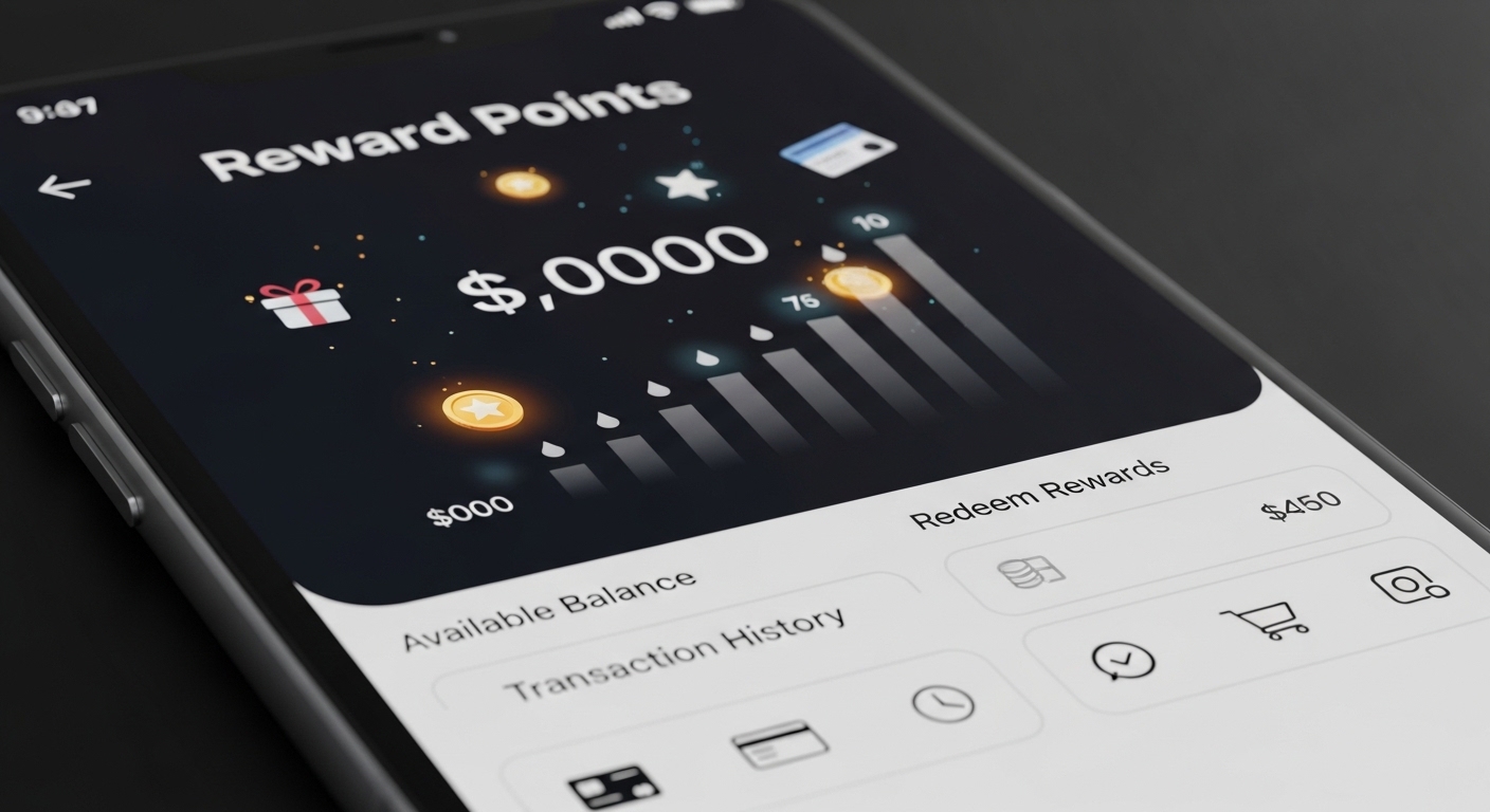 Smartphone screen showing a reward points app with $450 available balance and options for transaction history and redeem rewards.