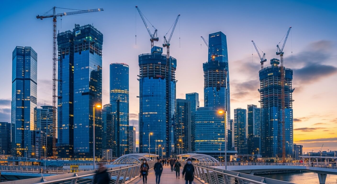 City skyline with skyscrapers under construction and cranes at sunset, people walking on a bridge in foreground.
