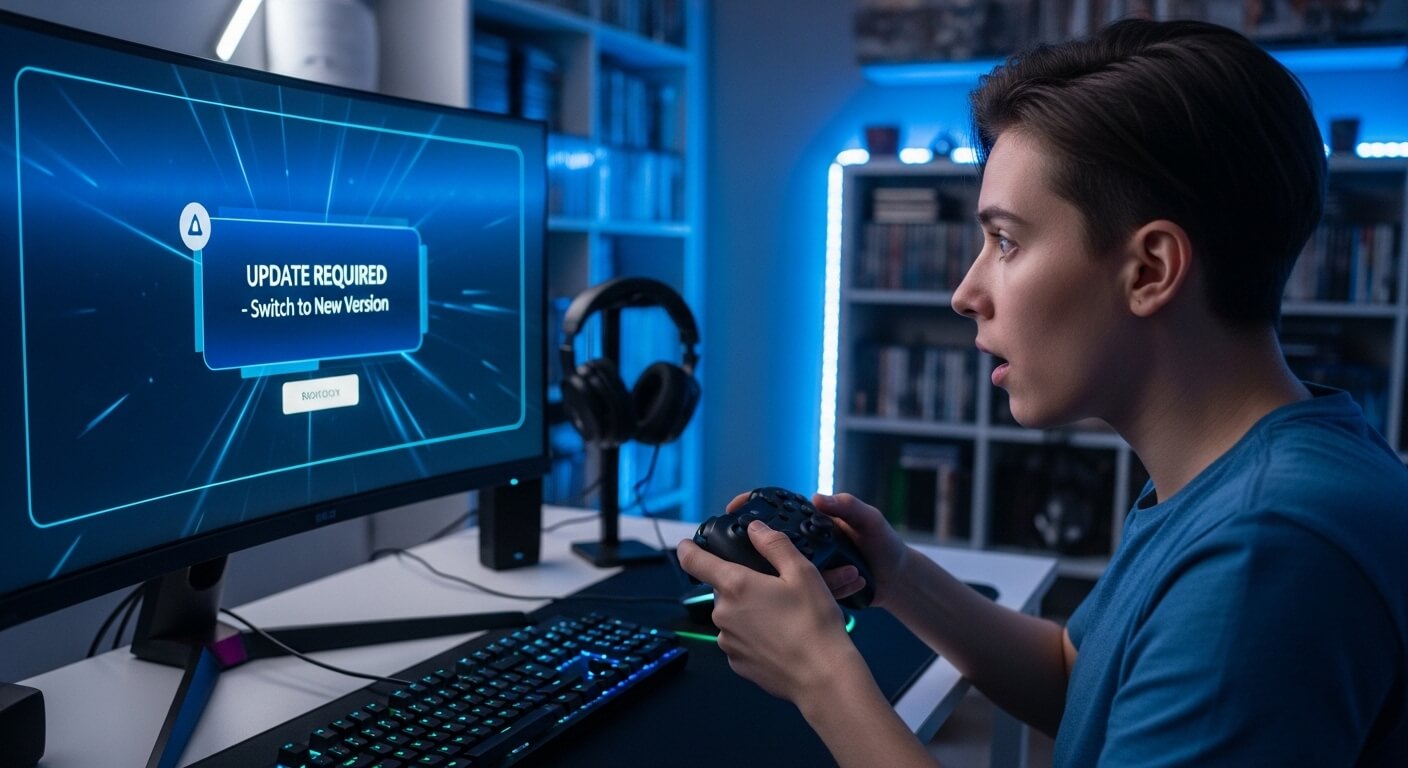 Person holding a game controller reacting to an "Update Required - Switch to New Version" message on a gaming monitor.