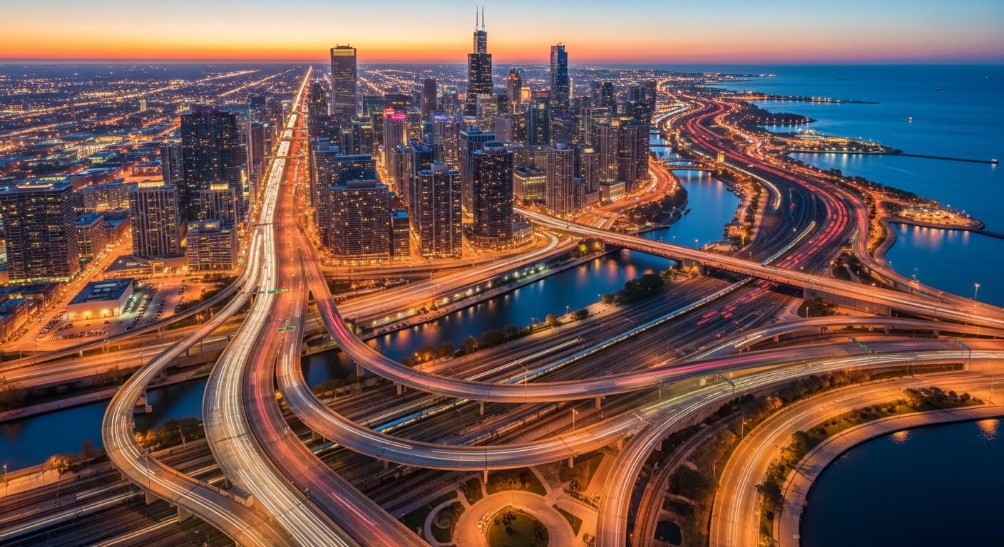 Aerial view of Chicago skyline and illuminated highway interchange at dusk with Lake Michigan in the background.