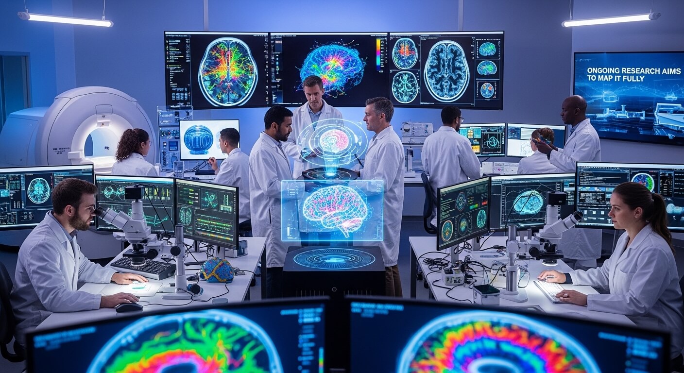 Scientists in lab coats analyzing brain scans and holograms in a neuroscience research lab with MRI equipment
