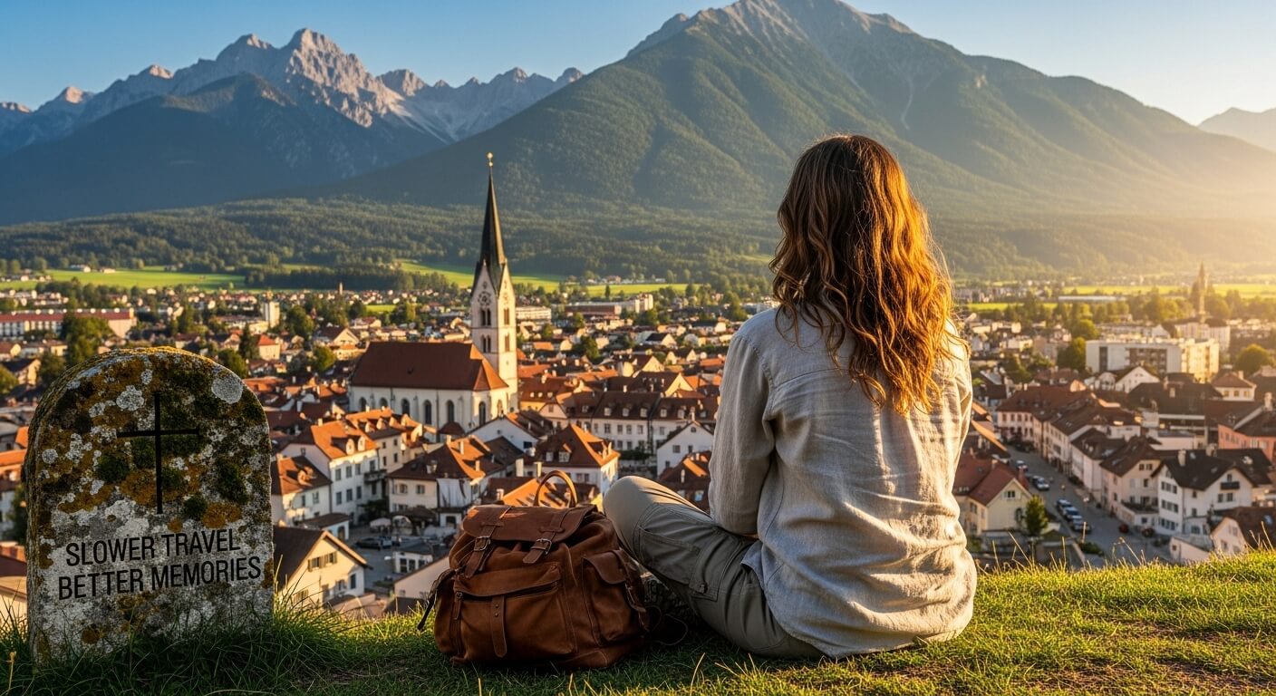 Person with long hair sitting on grass overlooking a town with a church and mountains at sunset, next to a stone reading "Slower travel better memories"