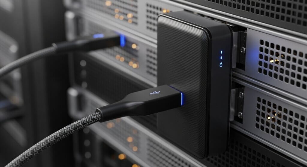 External solid-state drive connected to a server rack with braided USB cable and blue indicator lights.