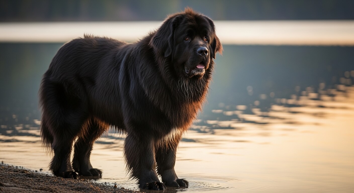 Newfoundland dog standing at the edge of a calm lake during sunset.