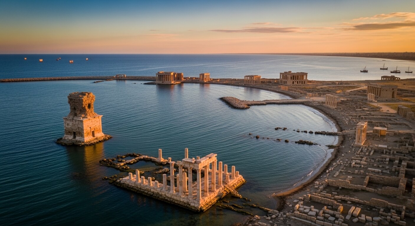 Ruins of the ancient city of Apollonia by the sea at sunset with scattered stone columns and structures.