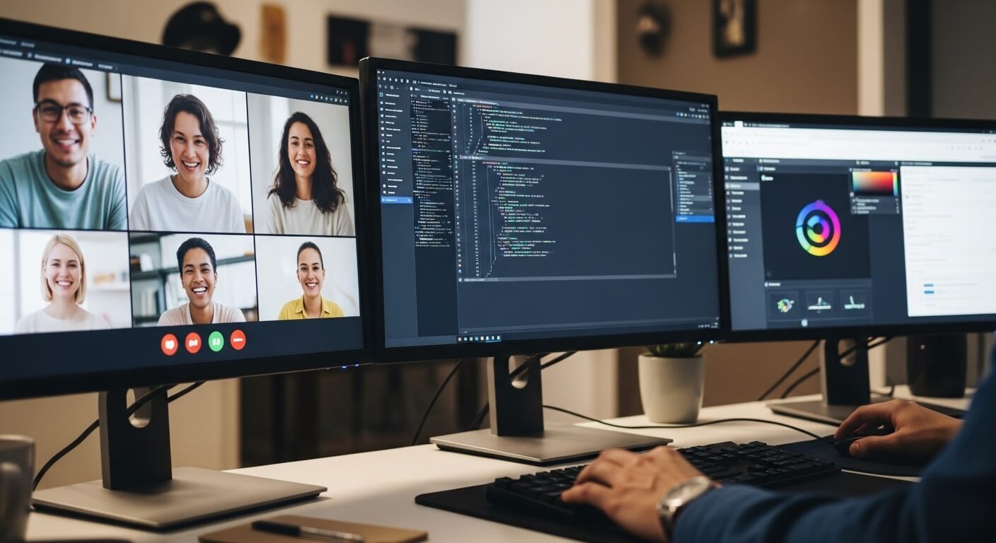 Person working on coding and design software on dual monitors with a video conference call on a third screen.