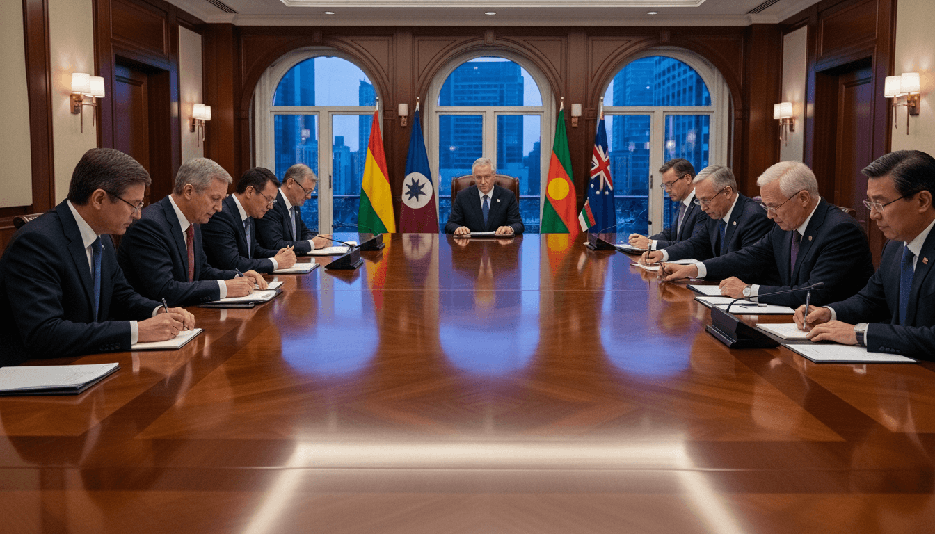 Group of men in suits seated at a large conference table with flags behind the central figure in a formal meeting room