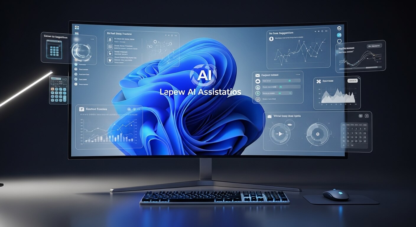 Curved monitor displaying AI assistant interface with charts and data, accompanied by keyboard and mouse on desk.