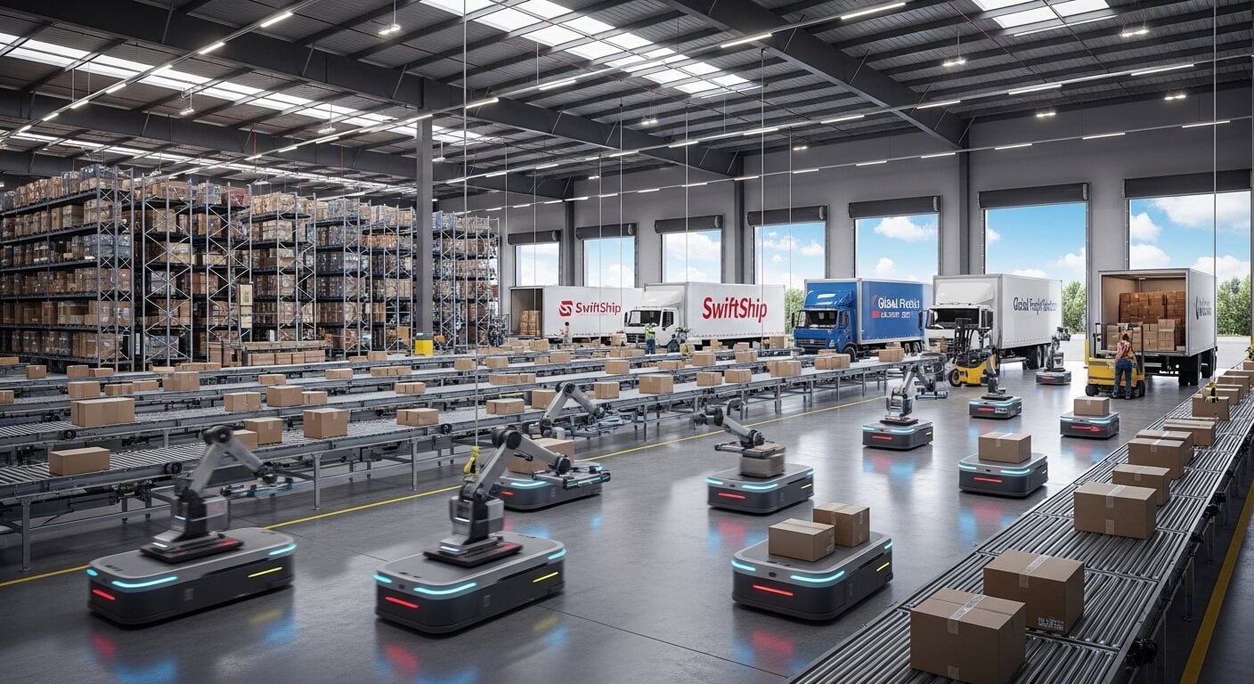 Automated robots sorting packages on conveyor belts inside a SwiftShip and Global Freight warehouse.