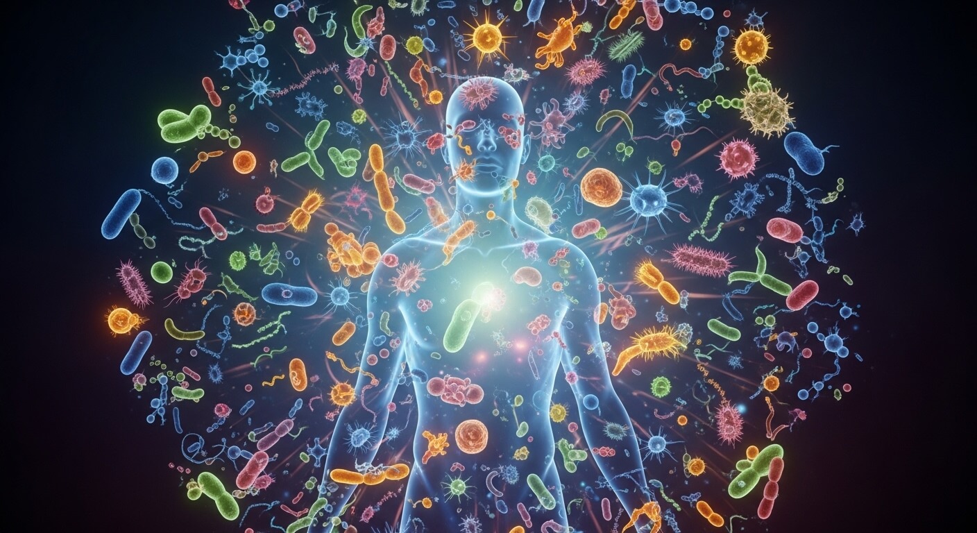 Human silhouette surrounded by colorful bacteria and microbes representing the human microbiome.