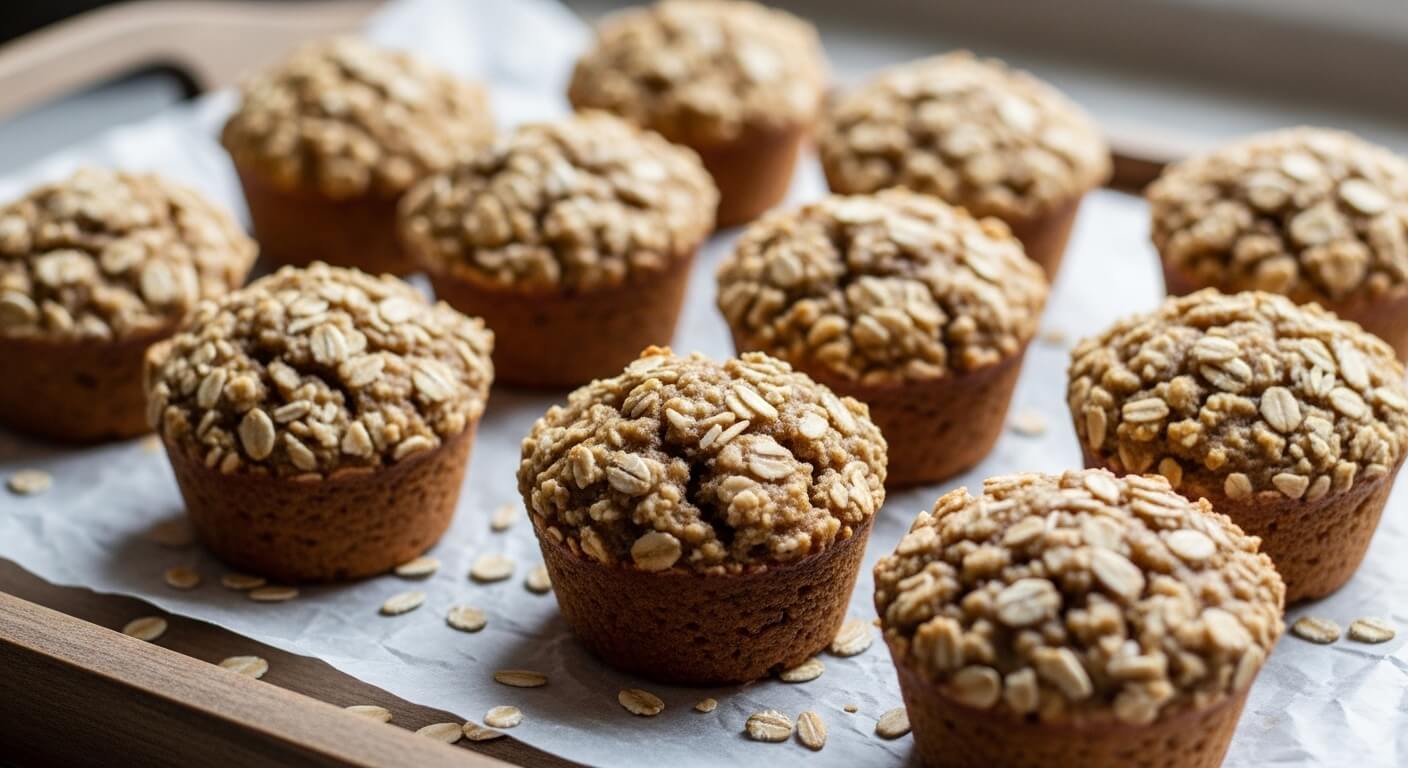 Freshly baked oat-topped muffins arranged on parchment paper with scattered oats around them.