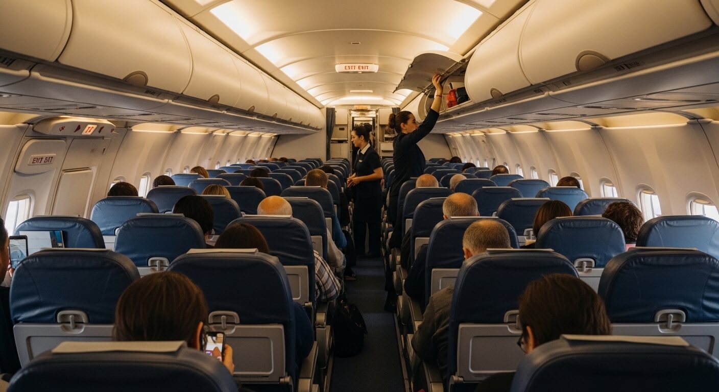 Flight attendants assisting passengers inside a commercial airplane cabin with blue seats.