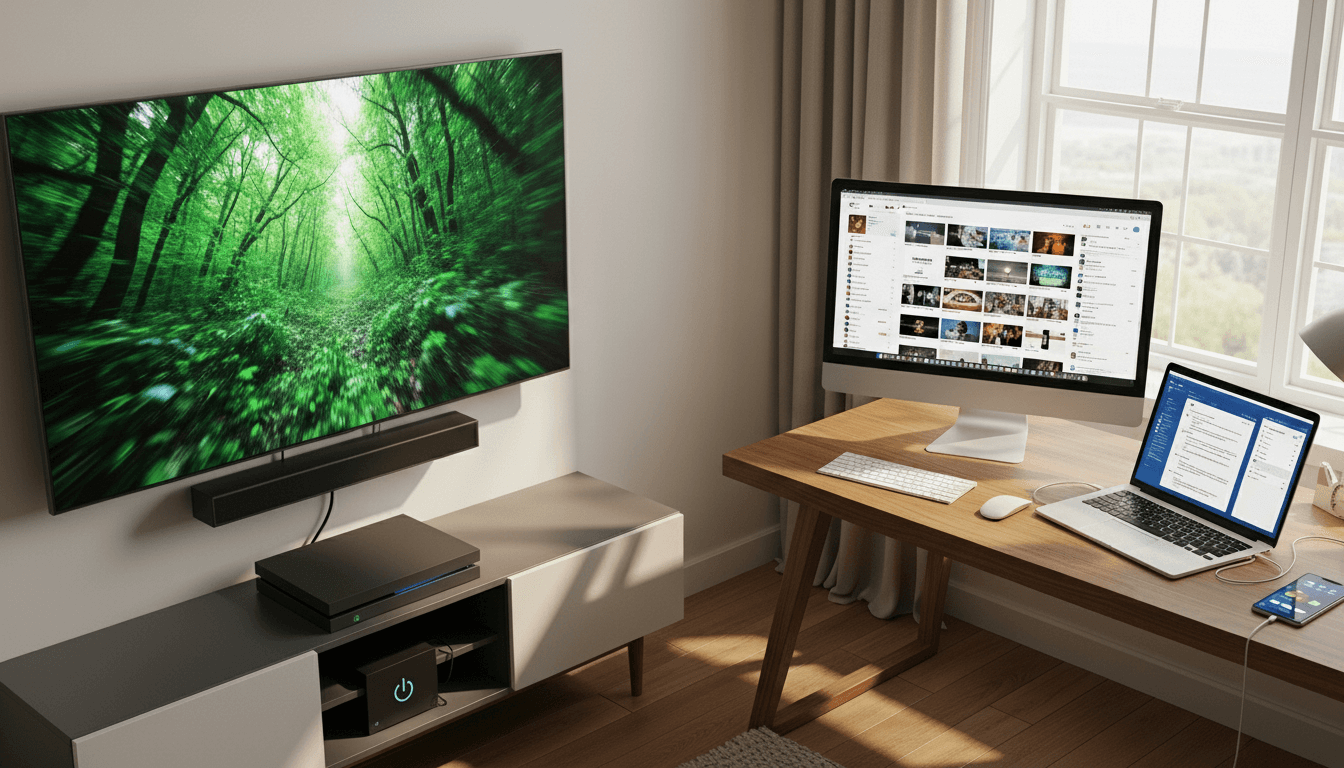 Modern home office setup with a wall-mounted TV showing a forest scene, an iMac, MacBook, and smartphone on a wooden desk