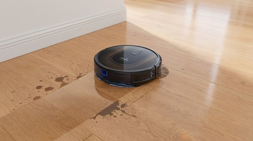 Cecotec robot vacuum cleaner mopping liquid spills on a wooden floor near a white wall.