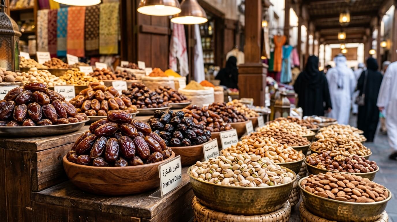 Bowls of premium dates, mixed nuts, pistachios, cashews, and almonds displayed at a Middle Eastern market stall.