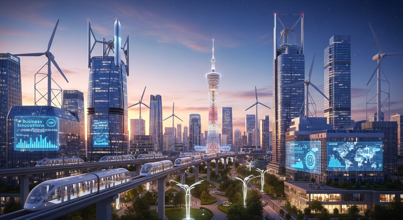 Futuristic city skyline with wind turbines on skyscrapers, elevated trains, and digital business data displays at dusk.