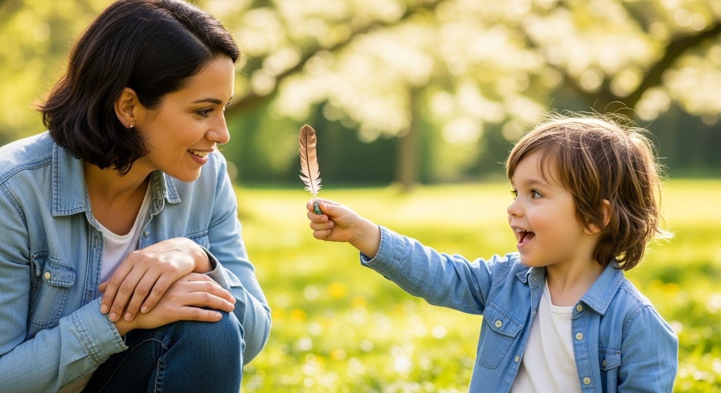 Child showing a feather to a smiling woman in a sunlit park, both wearing denim jackets.