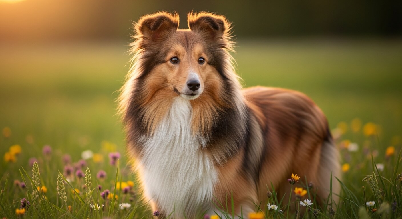 Shetland Sheepdog standing in a wildflower field at sunset with a soft golden background.