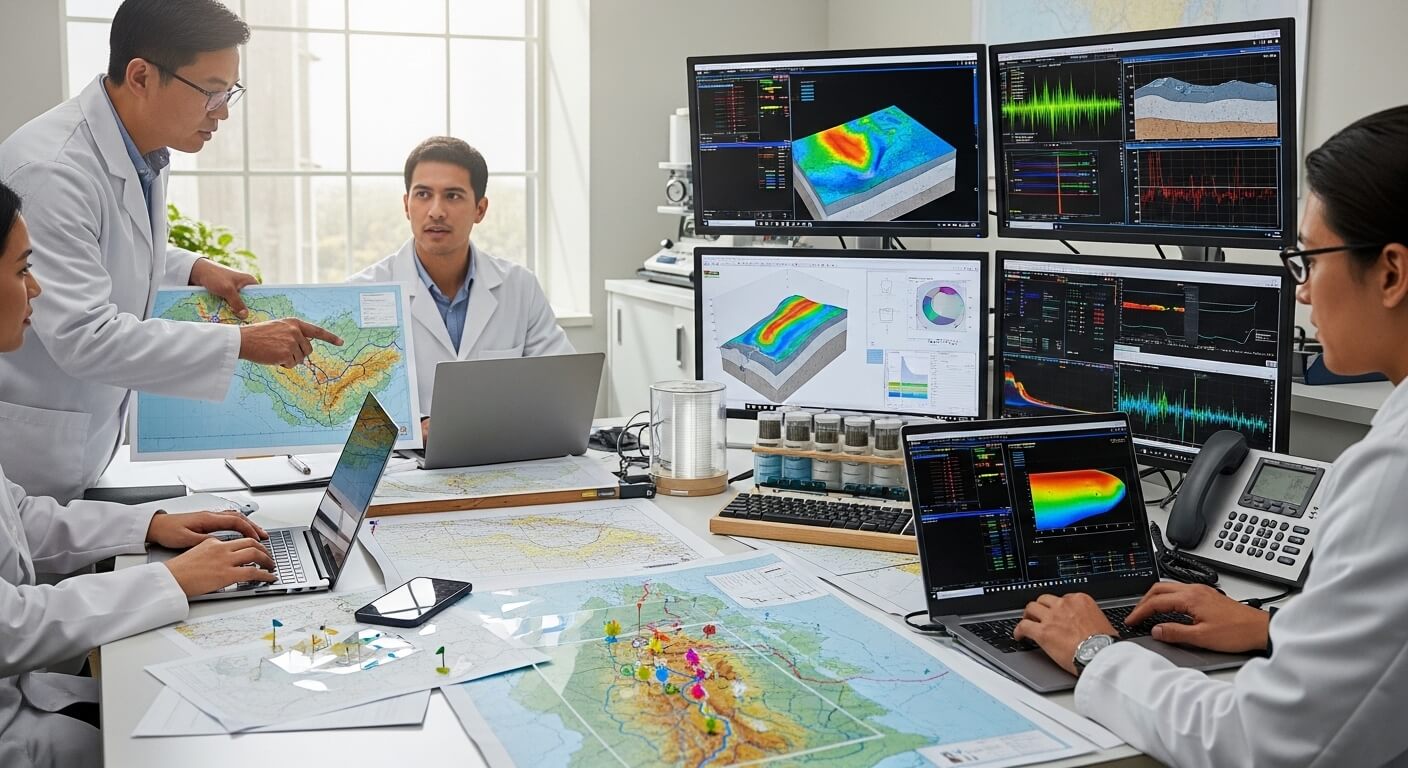Scientists in lab coats analyzing geological maps and 3D seismic data on multiple monitors and laptops.