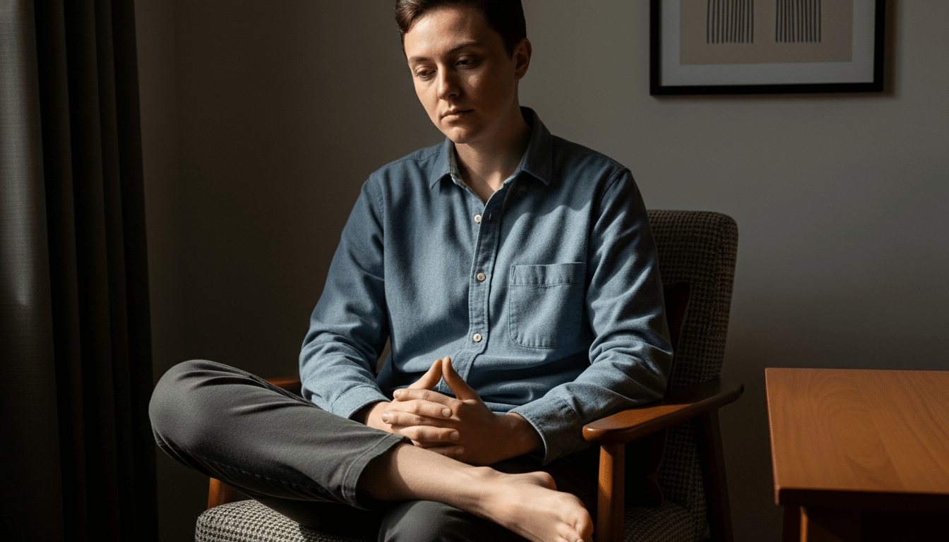 Person in a blue button-up shirt sitting barefoot in a chair with hands clasped, looking down thoughtfully.