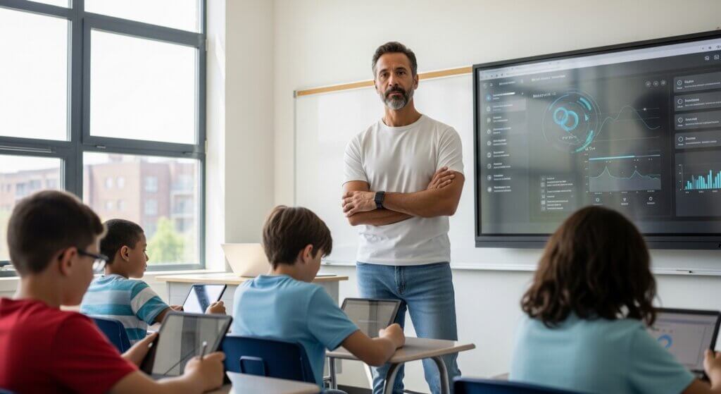 Teacher standing by digital screen while students use tablets in classroom with large windows