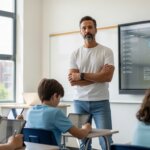 Teacher standing by digital screen while students use tablets in classroom with large windows